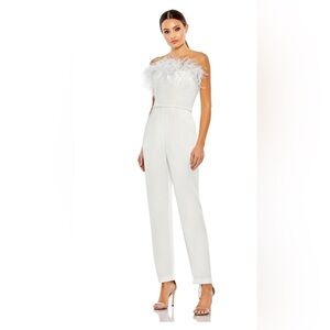 NWOT Mac Duggal Strapless White Jumpsuit with Feather Trim 2